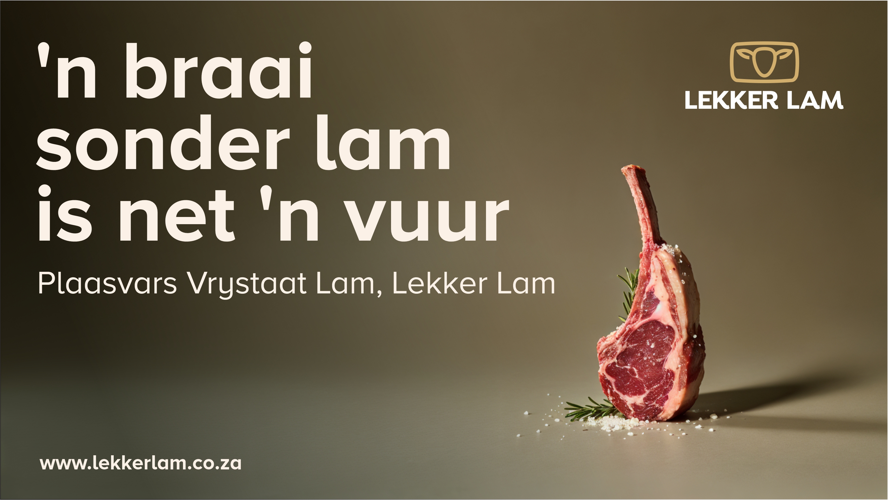 Billboard reading 'n braai sonder lam is net 'n vuur, beside a raw lamb chop