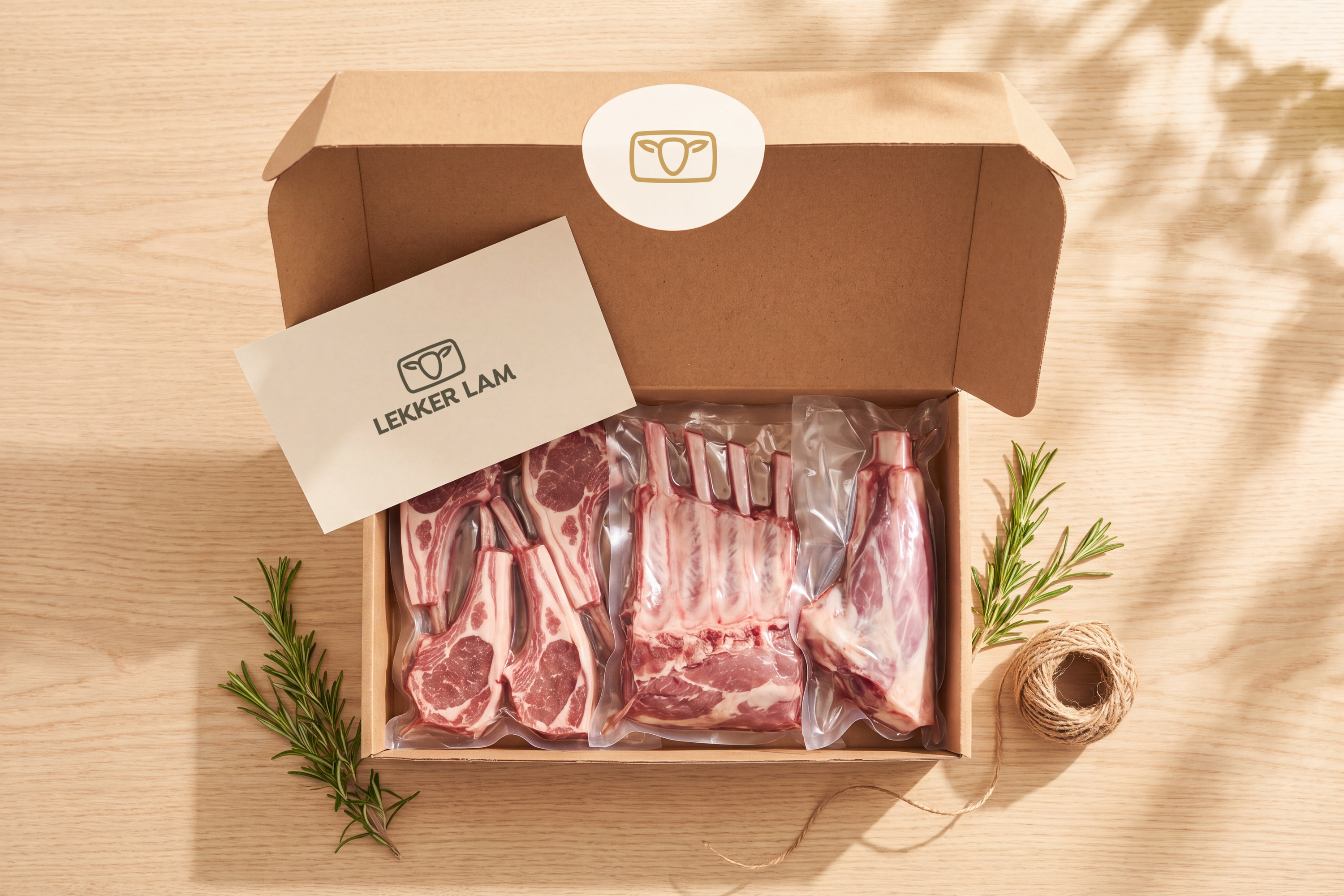 Open Lekker Lam box with vacuum-packed lamb cuts and a branded card