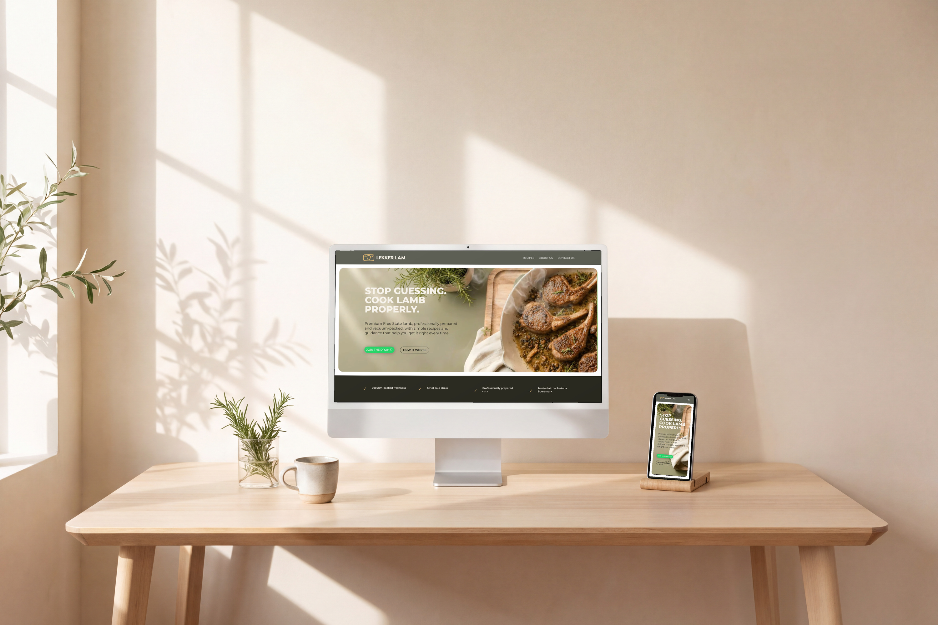 The Lekker Lam website on a desktop monitor and phone