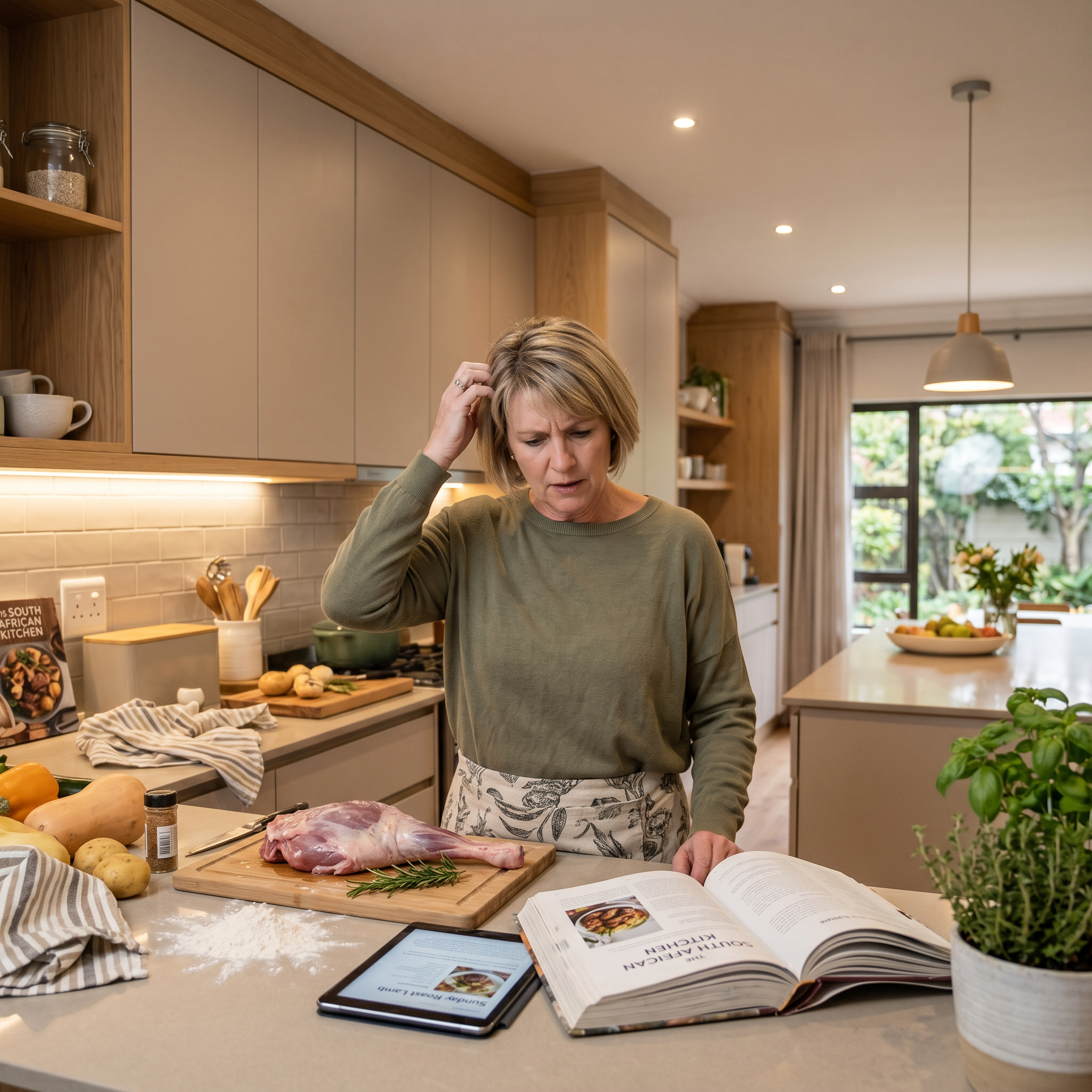 A home cook in her kitchen looking unsure over a raw leg of lamb and an open cookbook
