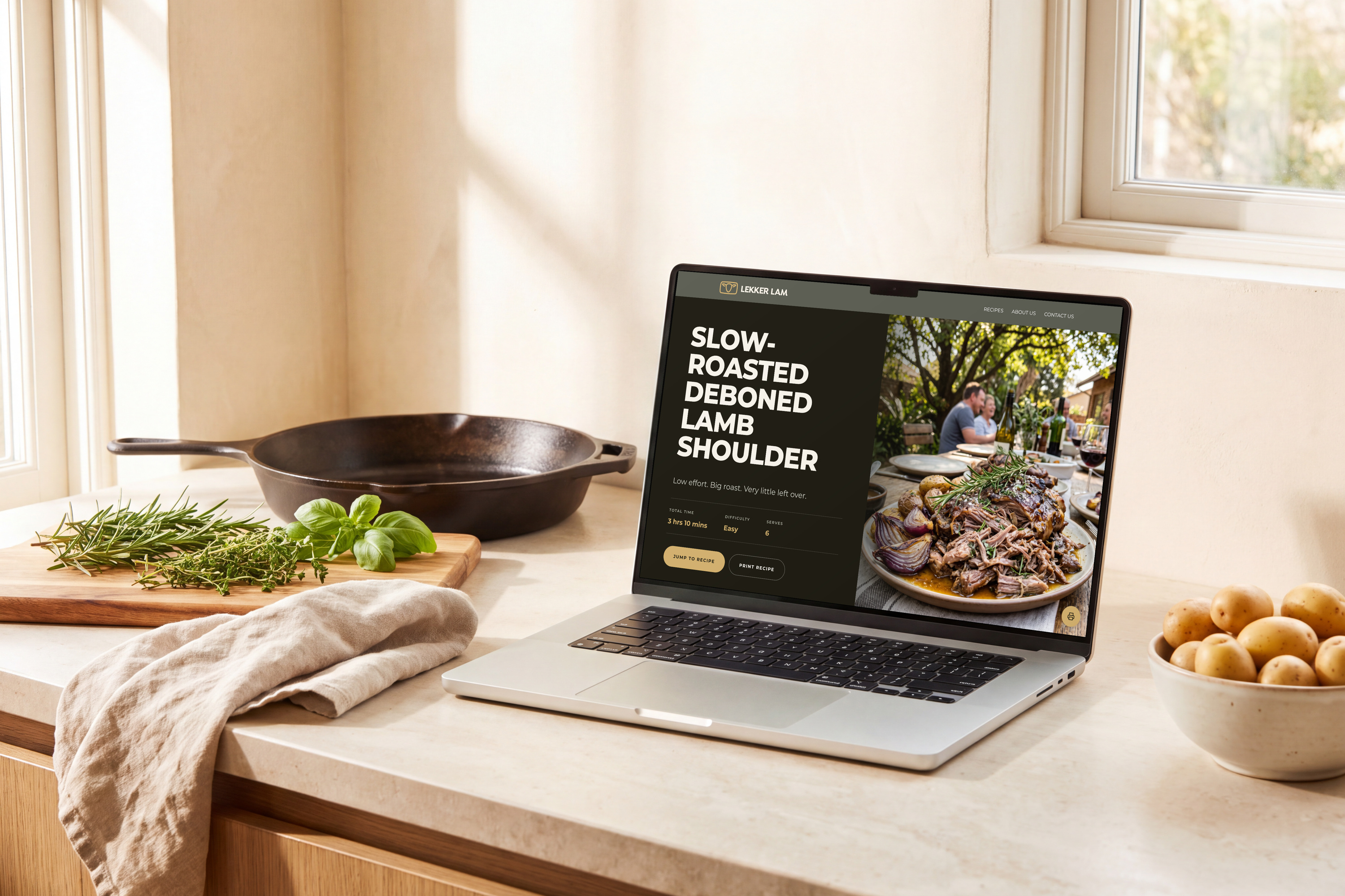 Slow-roasted lamb shoulder recipe on a laptop in a sunny kitchen