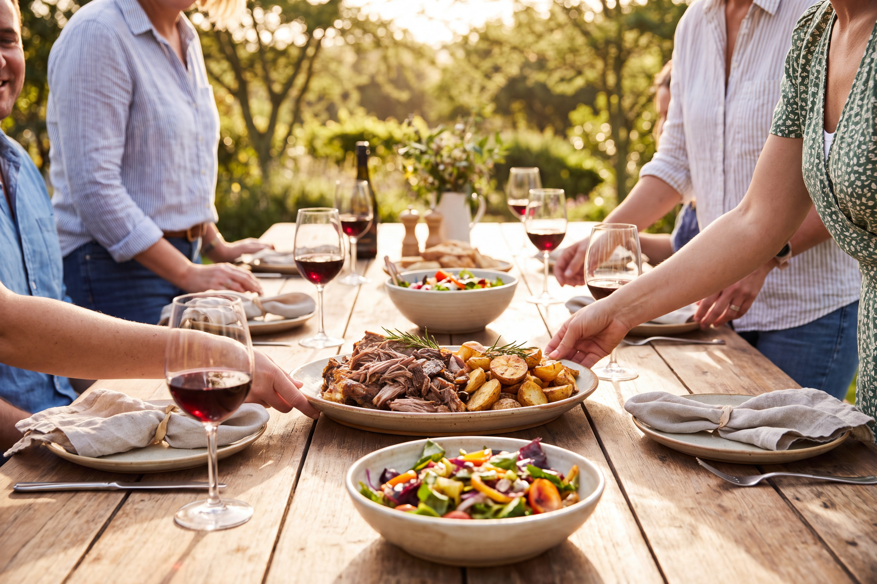 Friends serving slow-roasted lamb and potatoes at an outdoor table