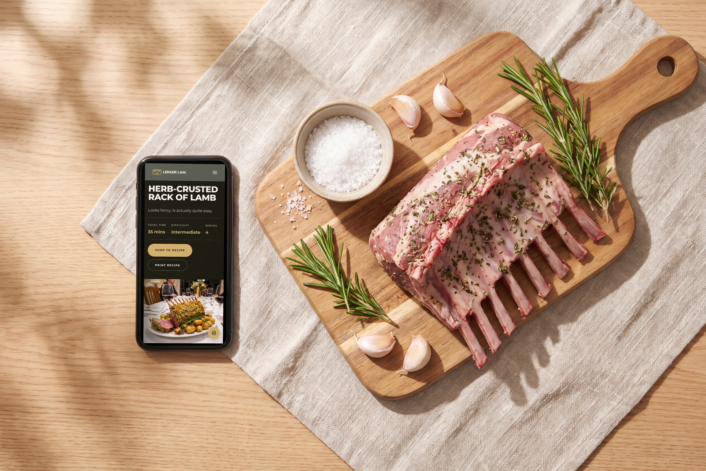 Recipe on a phone beside a raw rack of lamb on a chopping board