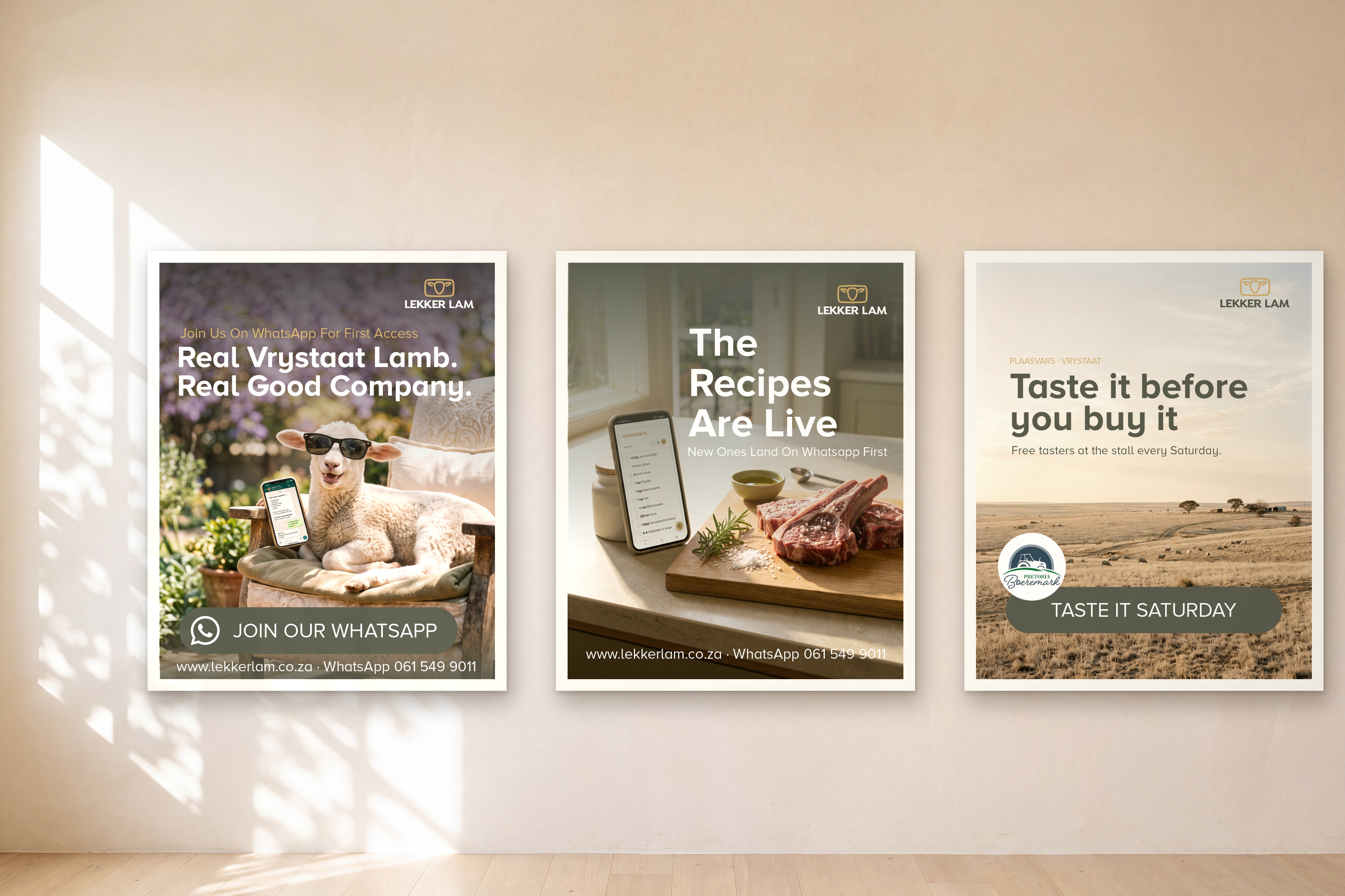 Three Lekker Lam posters on a cream wall