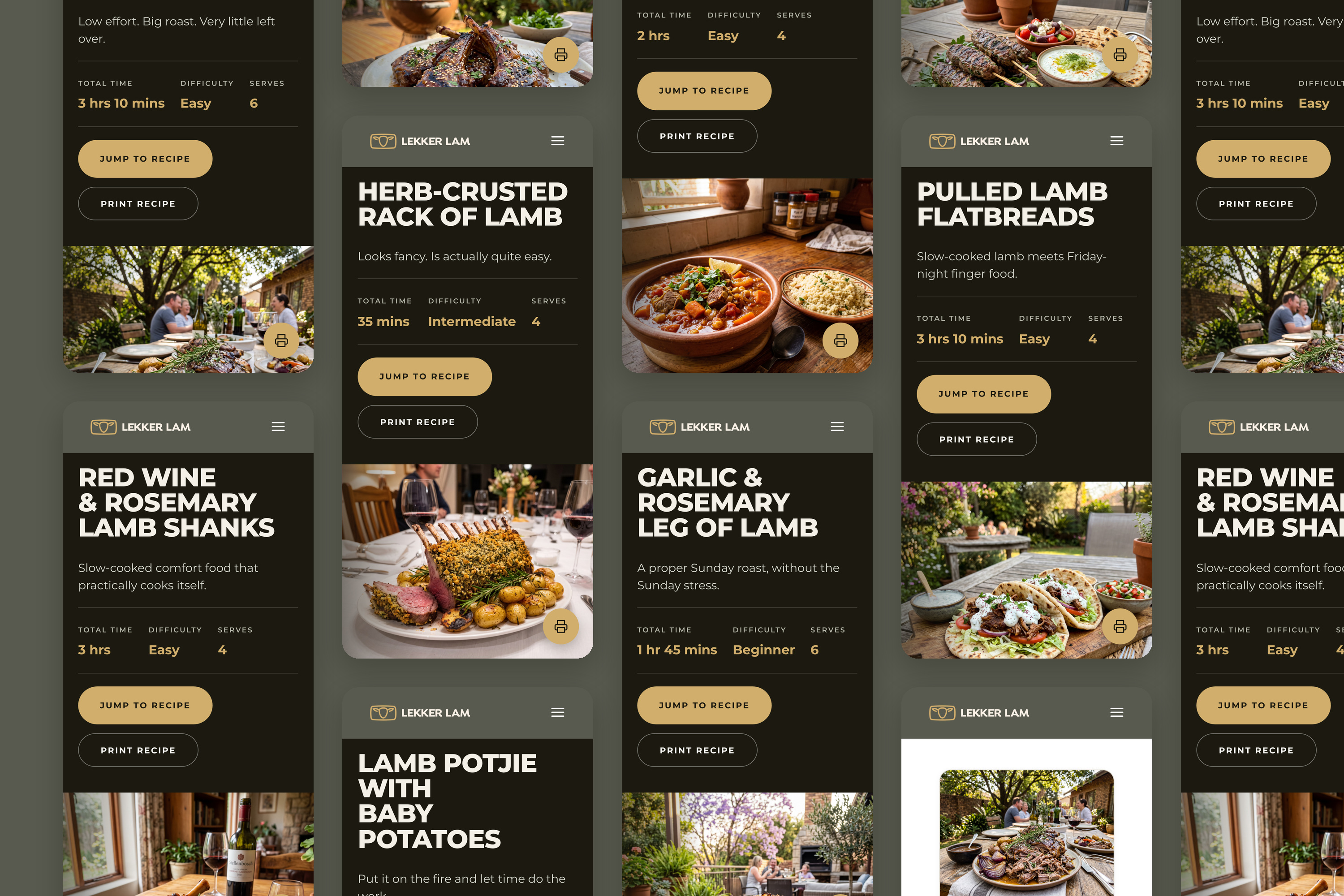 Grid of Lekker Lam mobile recipe pages