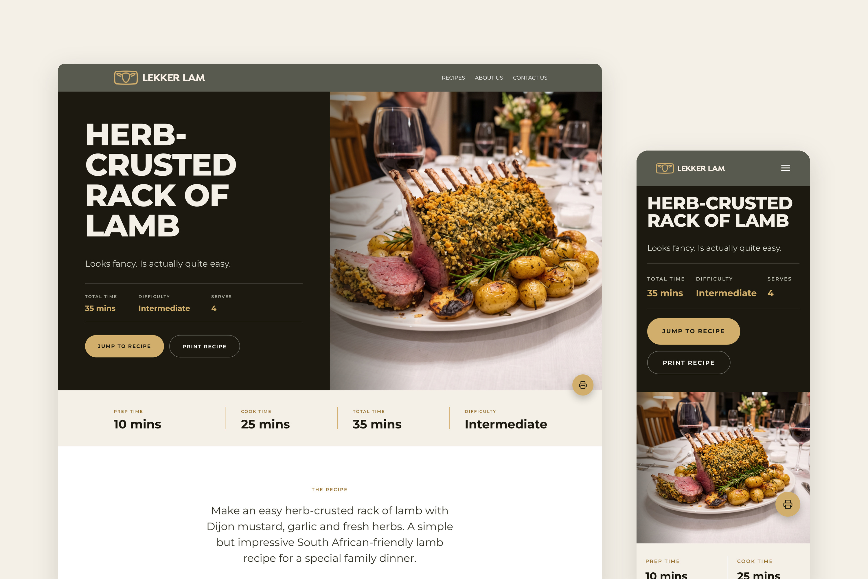 Herb-crusted rack of lamb recipe page on desktop and mobile