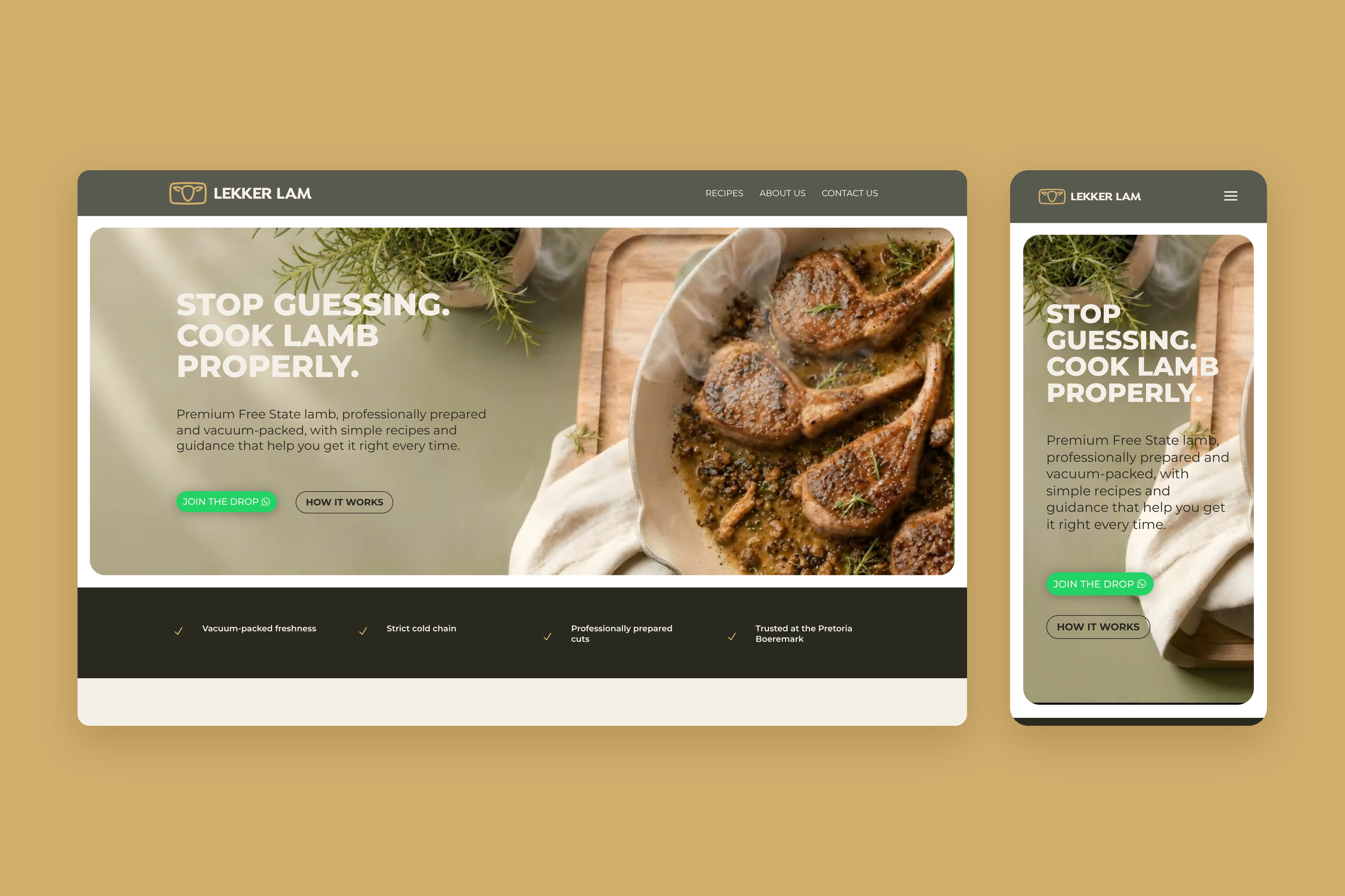 Lekker Lam homepage on desktop and mobile, headed Stop guessing. Cook lamb properly.